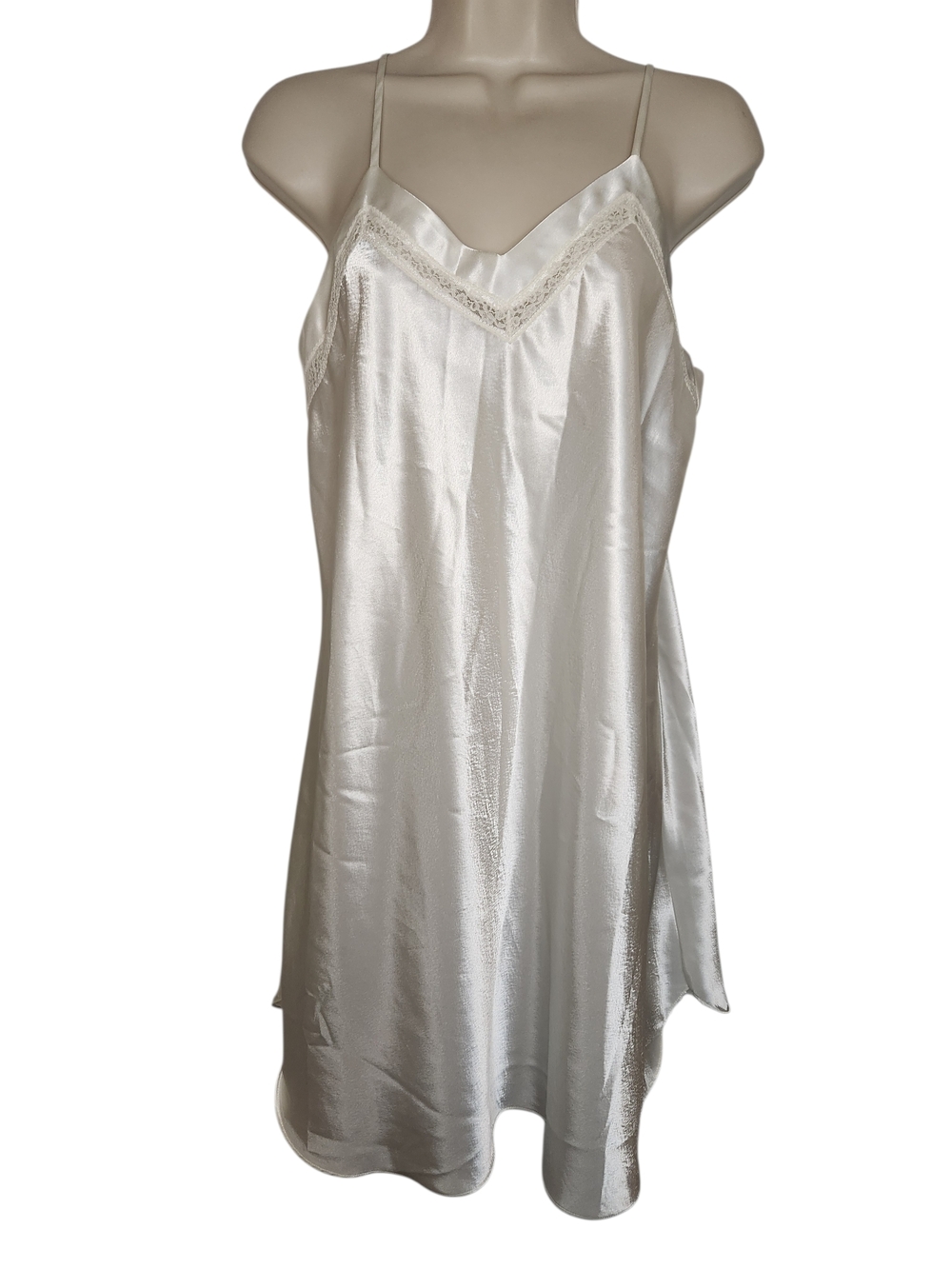 Bentley Satin Slip Dress White Lace Trim Medium 90s Chemise Minimalist